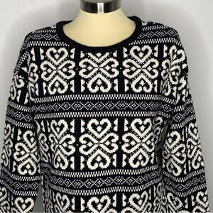 J. Jill Black and White Fair Isle Hearts Wool Blend Sweater